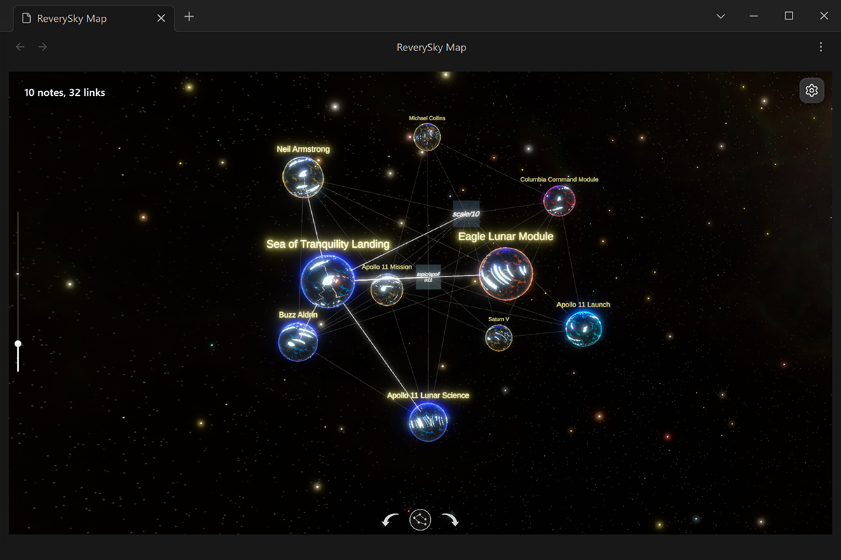 Focused ReverySky 3D Graph view with connected Obsidian notes