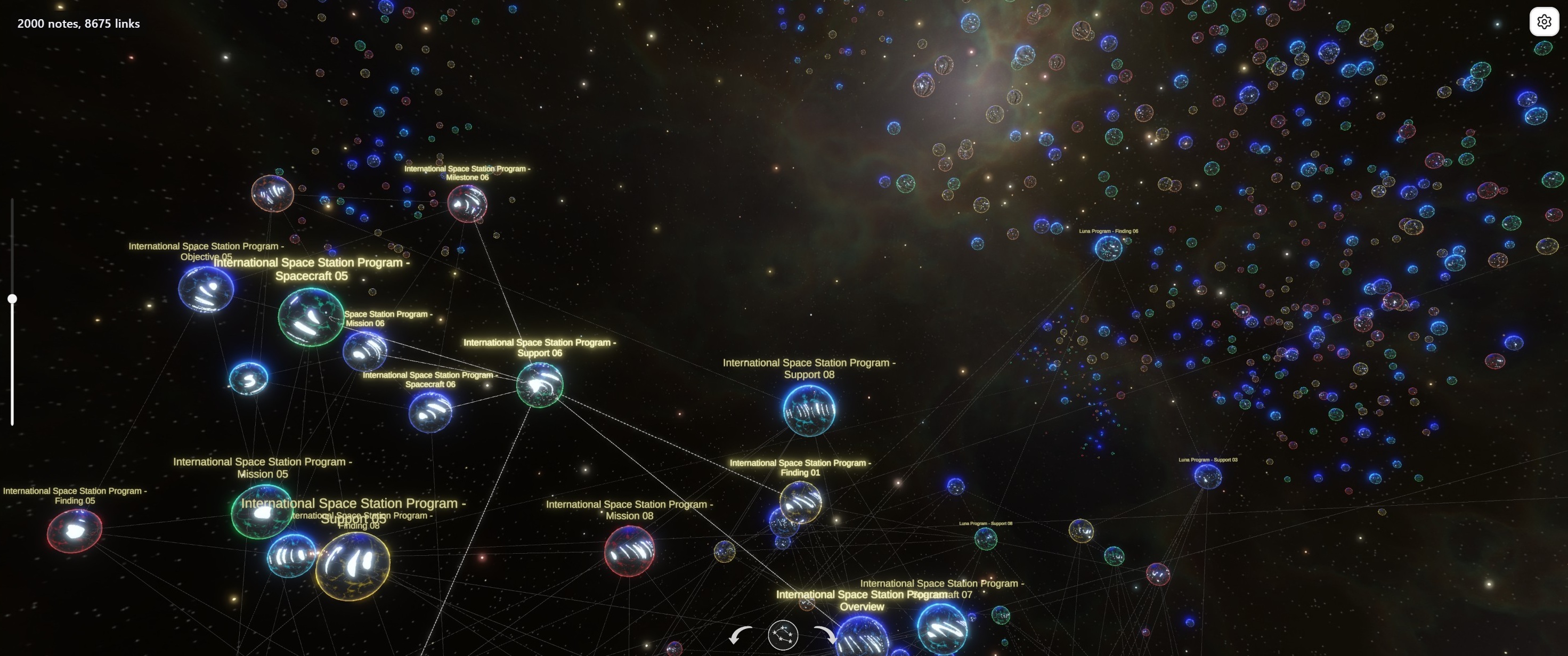 ReverySky 3D Graph displaying a large network of connected notes in a starfield