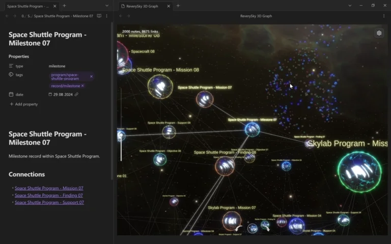 Animated demonstration of navigating a large starfield graph while an Obsidian note is open